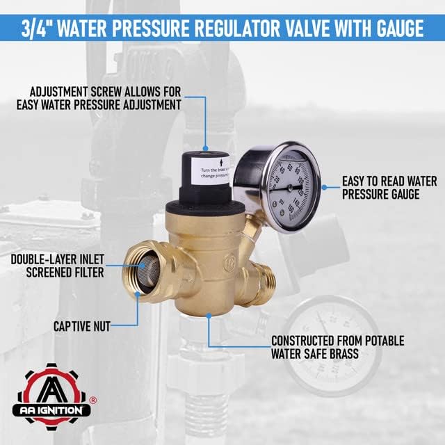 Regulador de presión de agua para autocaravana con medidor ajustable de manguera de agua de 34 pulgadas, regulador de presión de agua para caravana