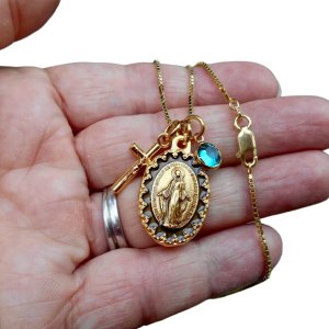 Gold Tone Miraculous Medal -20″ Gold Plated 925 Sterling Silver Box Chain, Tiny Crucifix Charm, Personalized Crystal Birthstone Confirmation Gift Gold Tone Miraculous Medal -20″ Gold Plated 925 Sterling Silver Box Chain, Tiny Crucifix Charm, Personalized Crystal Birthstone Confirmation Gift