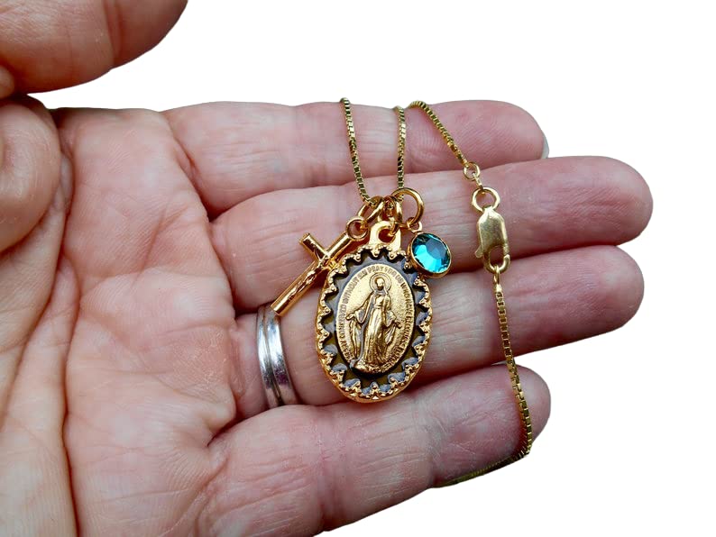 Gold Tone Miraculous Medal -20″ Gold Plated 925 Sterling Silver Box Chain, Tiny Crucifix Charm, Personalized Crystal Birthstone Confirmation Gift