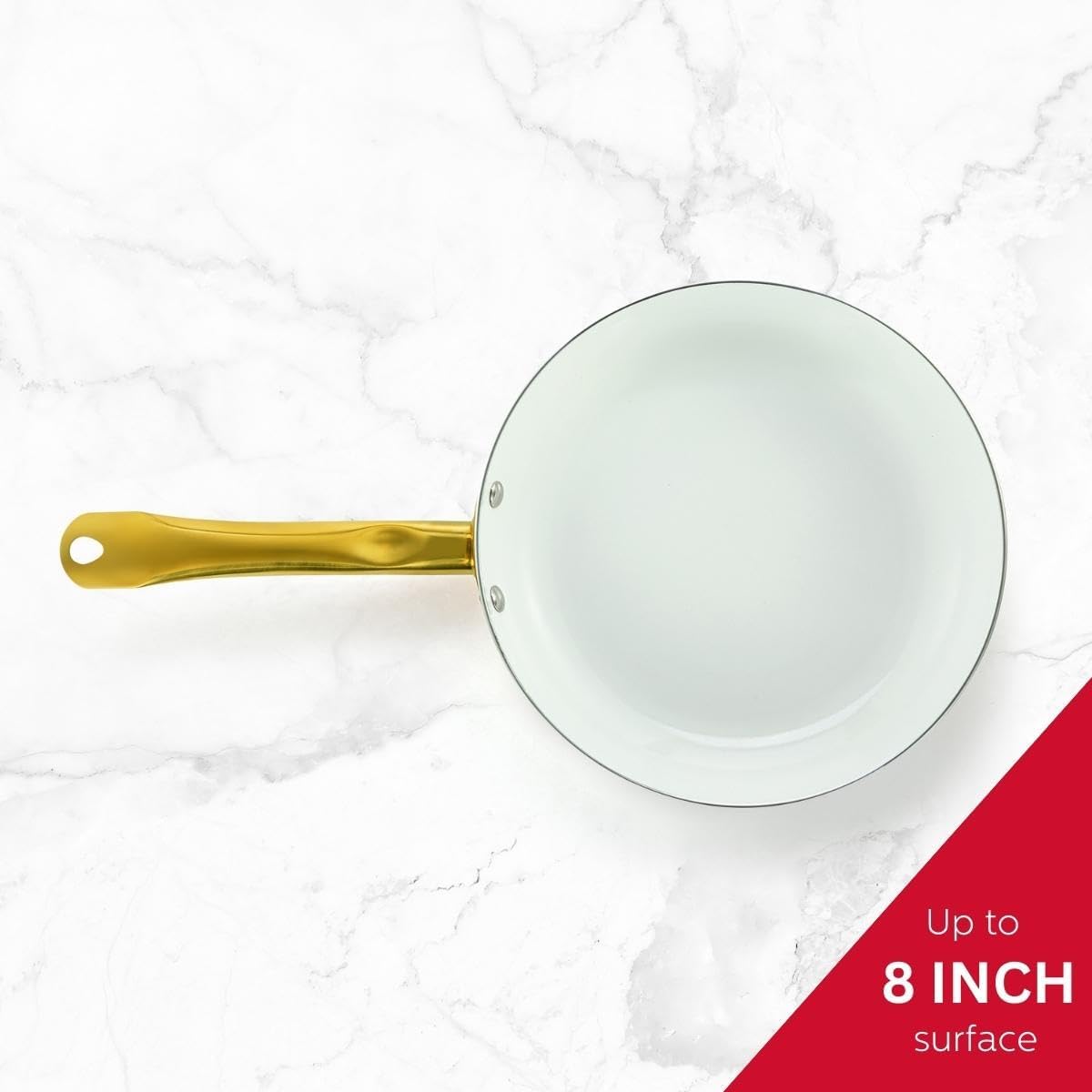Holstein Housewares Sartén antiadherente de cerámica de 8 pulgadas, elegante mango de color blanco y dorado, elegancia dorada para cada cocina