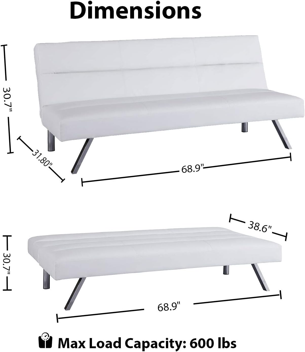 Naomi Home Sofá futón de piel sintética, moderno sofá cama plegable convertible con patas cromadas, mini sofá reclinable, futón de cuero pequeño