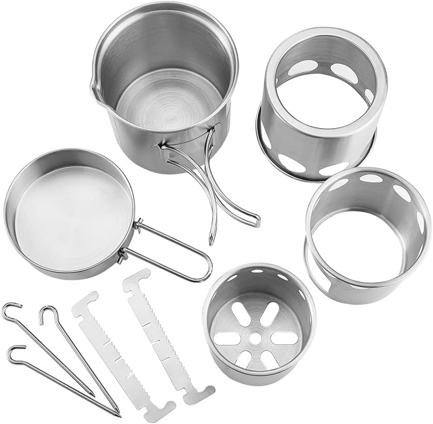 Juego de utensilios de cocina portátiles con estufa, juego de cocina de acero inoxidable, ligero, olla de cocina de supervivencia, kit de cocina