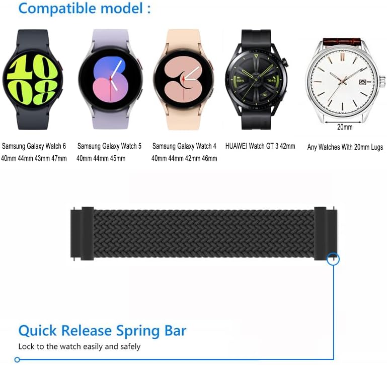 4 Pack Braided Solo Loop Band For Samsung Galaxy Watch 6 6 Classic 5 4 40mm 42mm 44mm 46mm 43mm 47mm 5 Pro 45mm Band,20mm Elastic Sport Strap