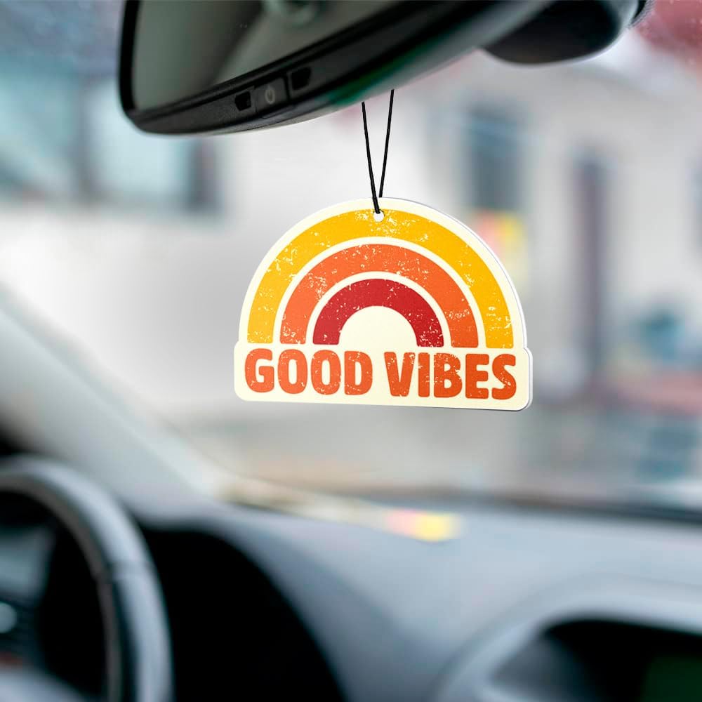Good Vibes Ambientador de coche – Diseño único, aroma duradero, soporte elástico. Ideal como ambientador y decoración para automóvil, hogar, garaje,