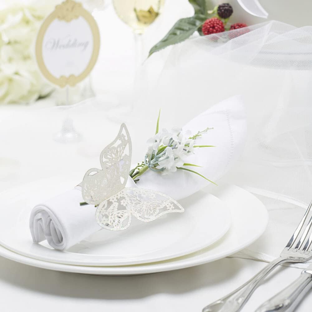 Juego de 50 servilleteros de papel de mariposa 3D, servilleteros de papel de aluminio huecos, hebillas de servileta, decoraciones de mesa para