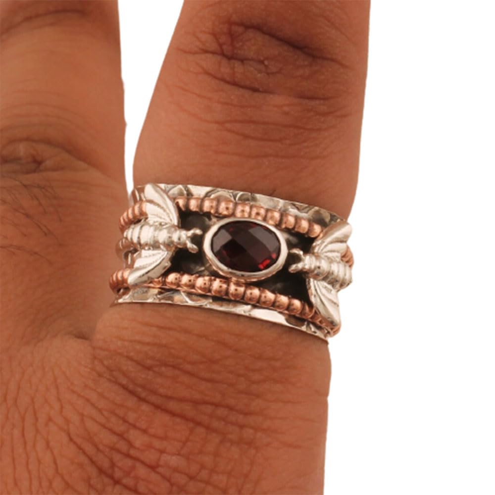 925 Silver Ring, Handmade Ring Women, Spiritual Spinner Ring, Fidget Spinner Ring, Minimalist Ring Silver, Natural Garnet Ring, Bohemian Silver