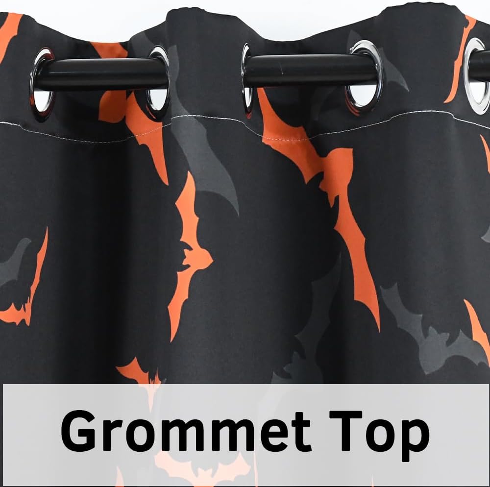 Renaiss Cortinas opacas de murciélagos voladores naranja y negro, con aislamiento térmico, para dormitorio, para niños, Halloween, con ojales, para