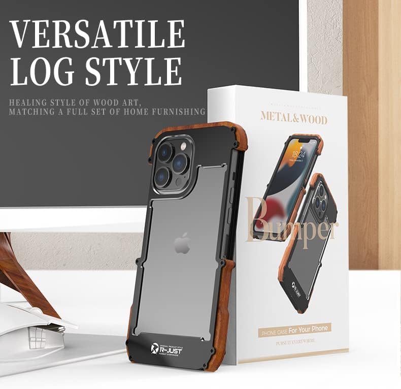Kowauri Funda para iPhone 15 Pro Max, protección contra caídas, aleación de aluminio de metal y madera, funda protectora a prueba de golpes y caídas