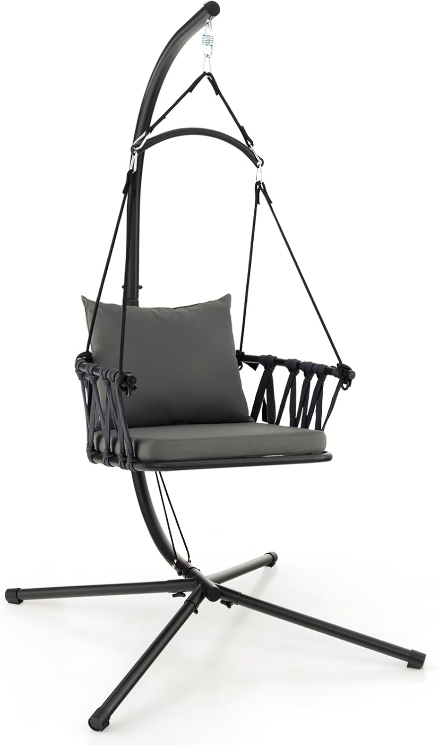 Giantex Silla colgante con soporte, cojines de asiento y respaldo acogedores, marco de metal inoxidable y respaldo tejido, hamaca para interiores y