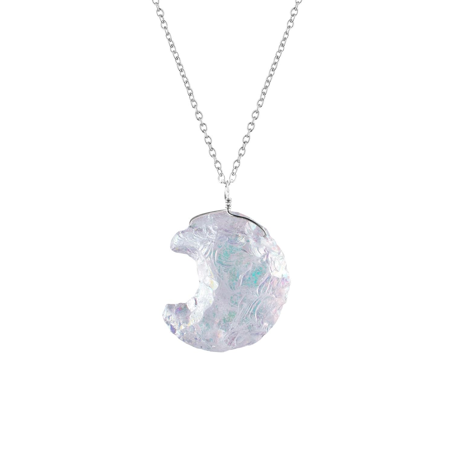 Moon-Shaped Angel Aura Quartz Pendant – Artisan Hammered Finish – Rhodium Plated Sterling Silver – Celestial Healing Crystal Necklace – Fashionable