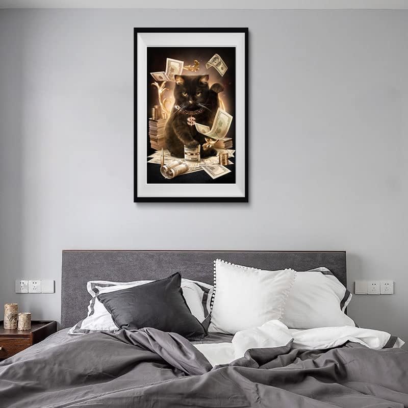 Póster divertido de dólar con diseño de gato de la suerte negro con texto en inglés, arte de pared para amantes de los gatos, arte de oro negro,