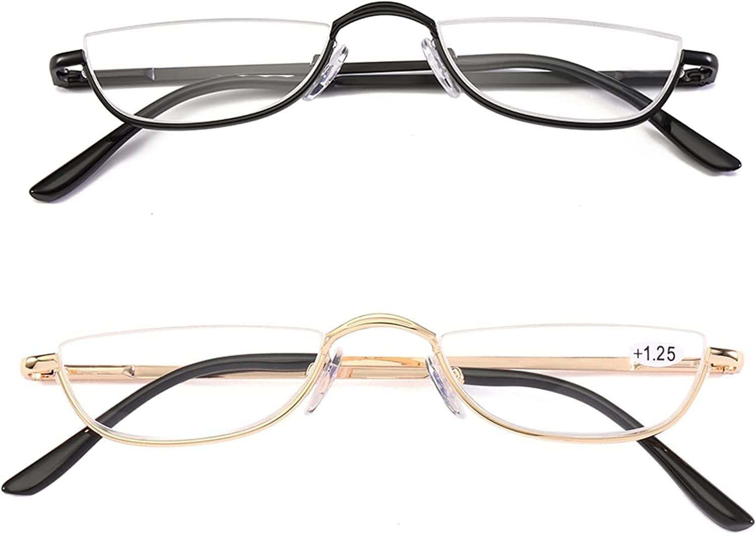 REAVEE Paquete de 2 lentes de lectura de media luna de diseño retro, para mujeres y hombres, bisagra de resorte, lentes delgados elegantes con