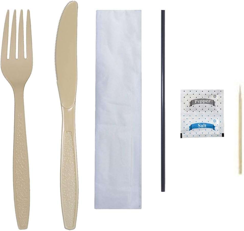 Daxwell Kits de cubiertos de plástico, poliestireno extra pesado (PS), tenedor, cuchillo, sal, pimienta, palillo de dientes, pajilla, servilleta,