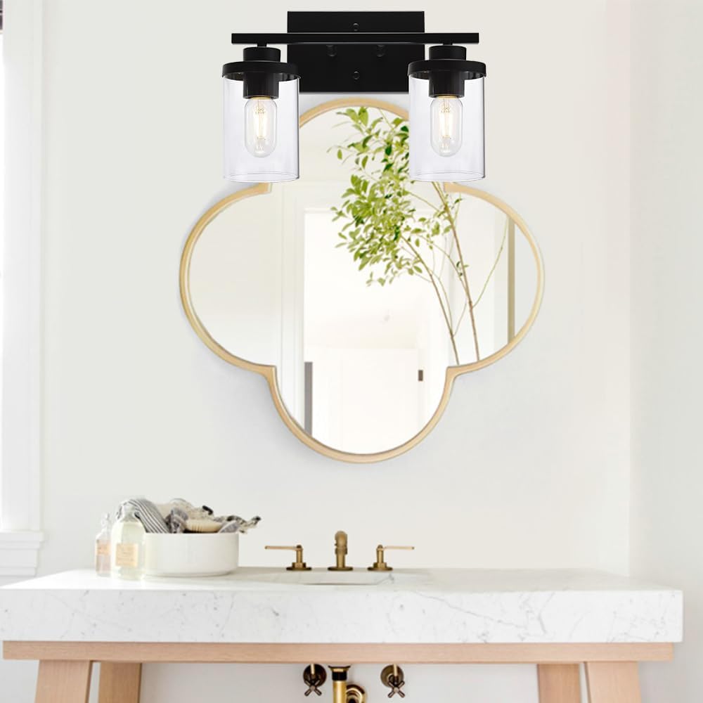 2 lámparas de pared para baño de luz negra con pantallas de vidrio transparente, iluminación de granja, apliques de pared para sala de estar