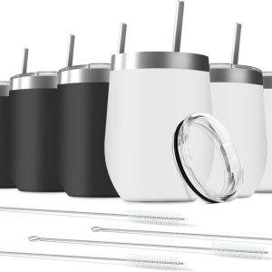 Vaso de vino de 12 onzas con tapa con pajita, vaso de vino de acero inoxidable, doble pared aislada al vacío, tazas de viaje sin tallo, color negro Vaso de vino de 12 onzas con tapa con pajita, vaso de vino de acero inoxidable, doble pared aislada al vacío, tazas de viaje sin tallo, color negro