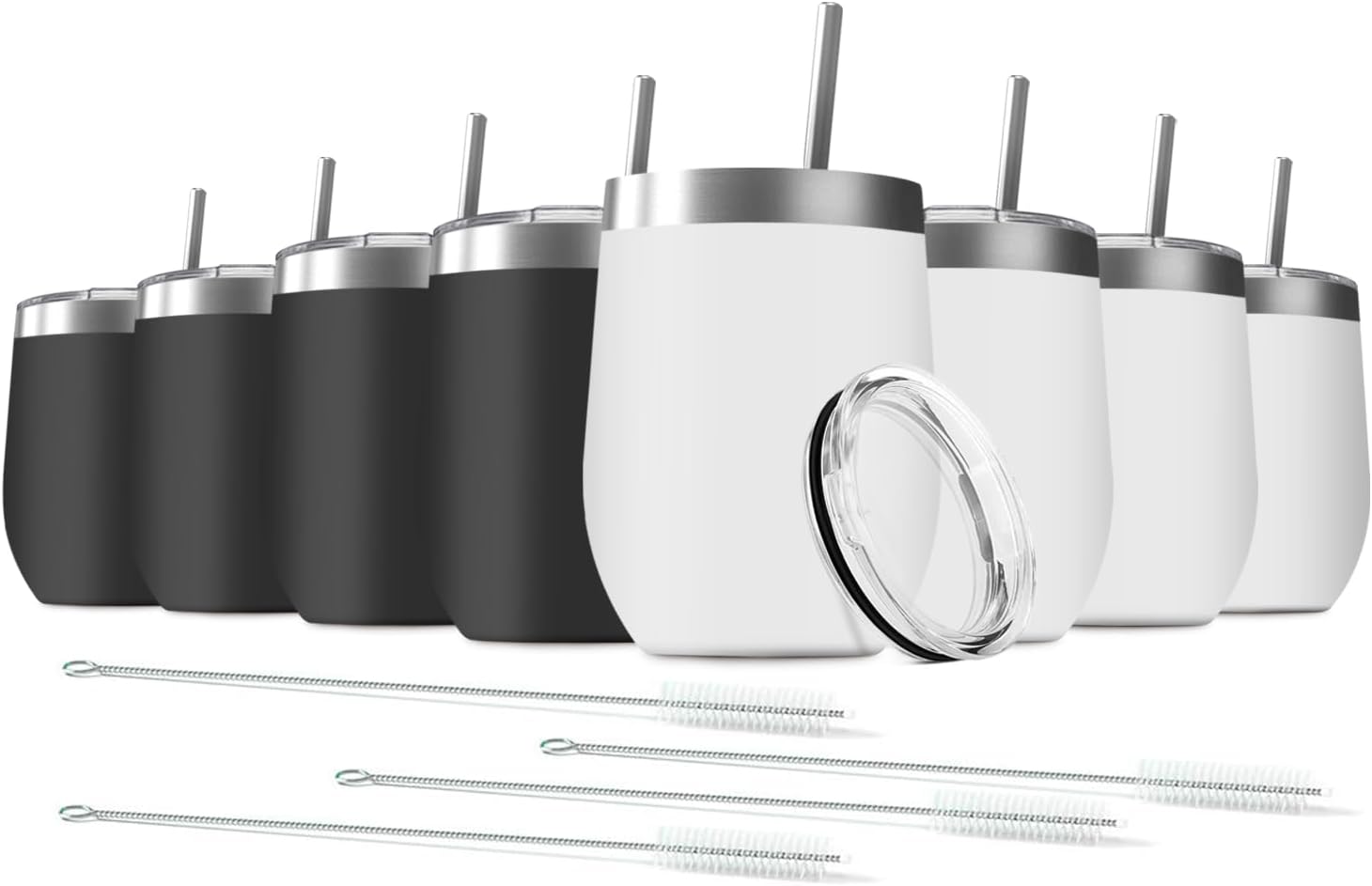 Vaso de vino de 12 onzas con tapa con pajita, vaso de vino de acero inoxidable, doble pared aislada al vacío, tazas de viaje sin tallo, color negro