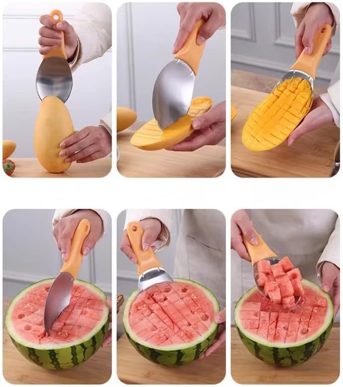 Cortador de mango de 2 piezas, cortador de sandía, artefacto de corte de mango, cuchara de frutas de acero inoxidable para fiestas familiares y