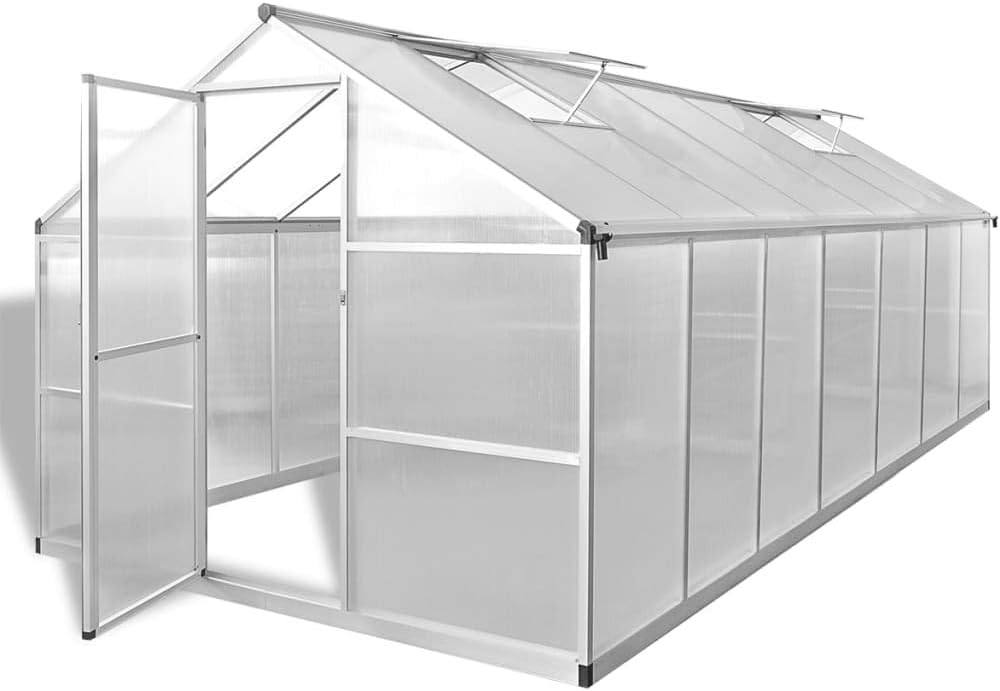 vidaXL Amplio invernadero – 113.3 pies cuadrados – Paneles de aluminio reforzado y policarbonato resistente a los rayos UV con sistema de canalón y