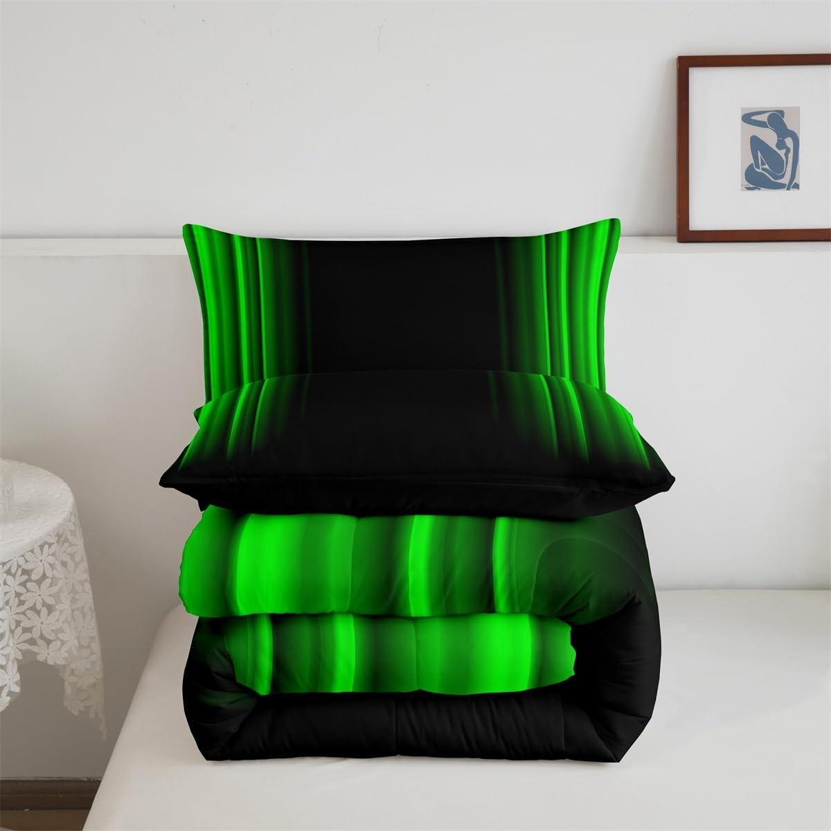 Feelyou Juego de ropa de cama geométrica abstracta degradada para hombres, adultos, adolescentes, juego de edredón a rayas verdes y negras, juego de