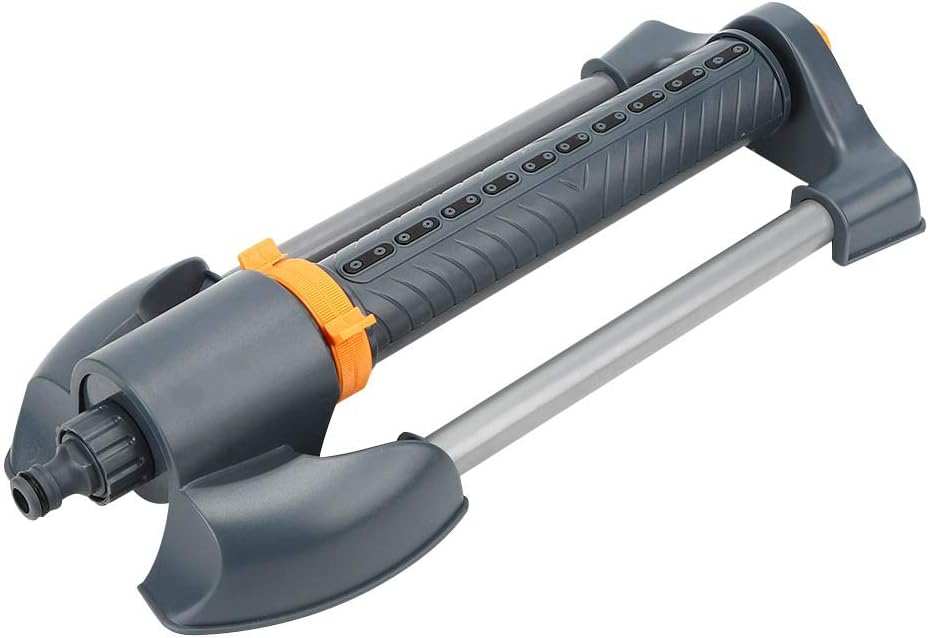 Fydun Aspersor de jardín de 20 agujeros con base de metal, rociador oscilante giratorio para césped, ángulo Sp, 20 agujeros, para jardín, metal para