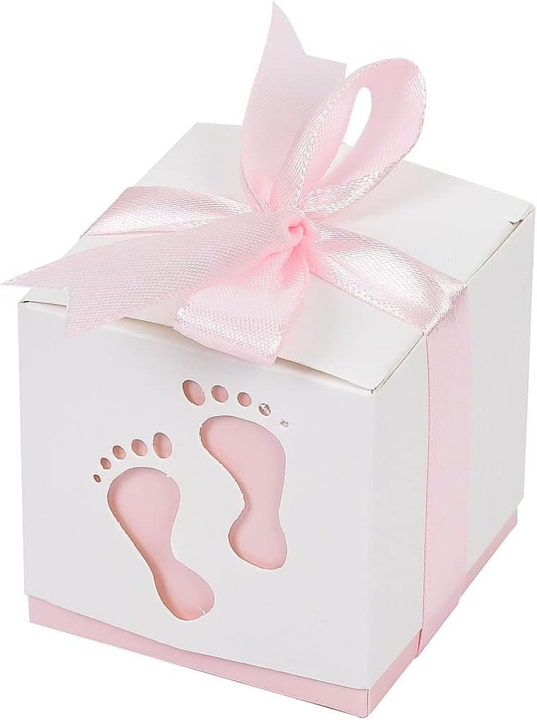Efavormart – Paquete de 25 cajas de dulces con cintas de huellas de bebé recién nacido de 2.5 x 2.5 pulgadas, cajas de regalo rosas para baby shower