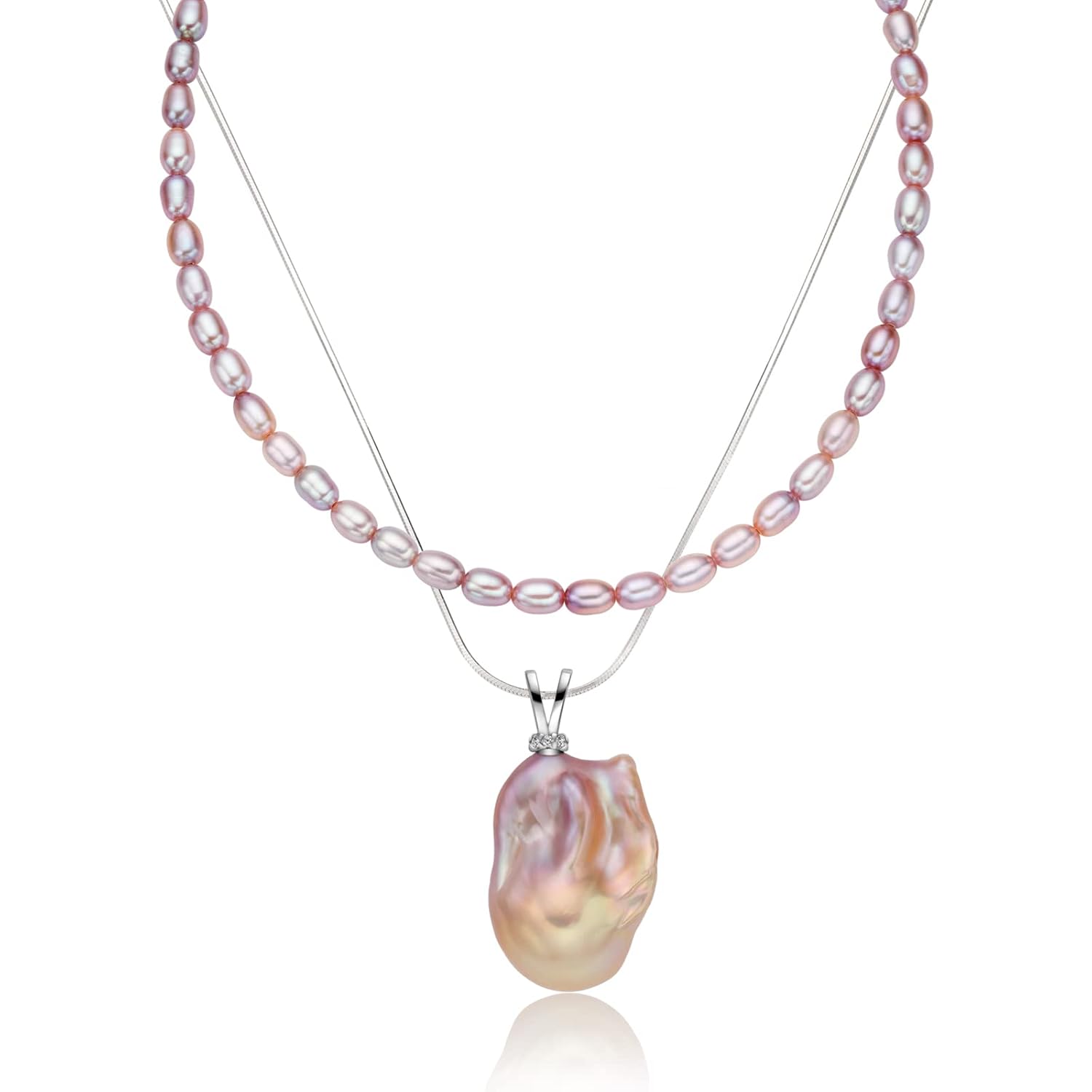 Genuine Freshwater Pearl Necklace Pearl necklaces for WomenDouble Layer Silver Necklace for Women Metallic Purple Pink Necklaces for Women Baroque