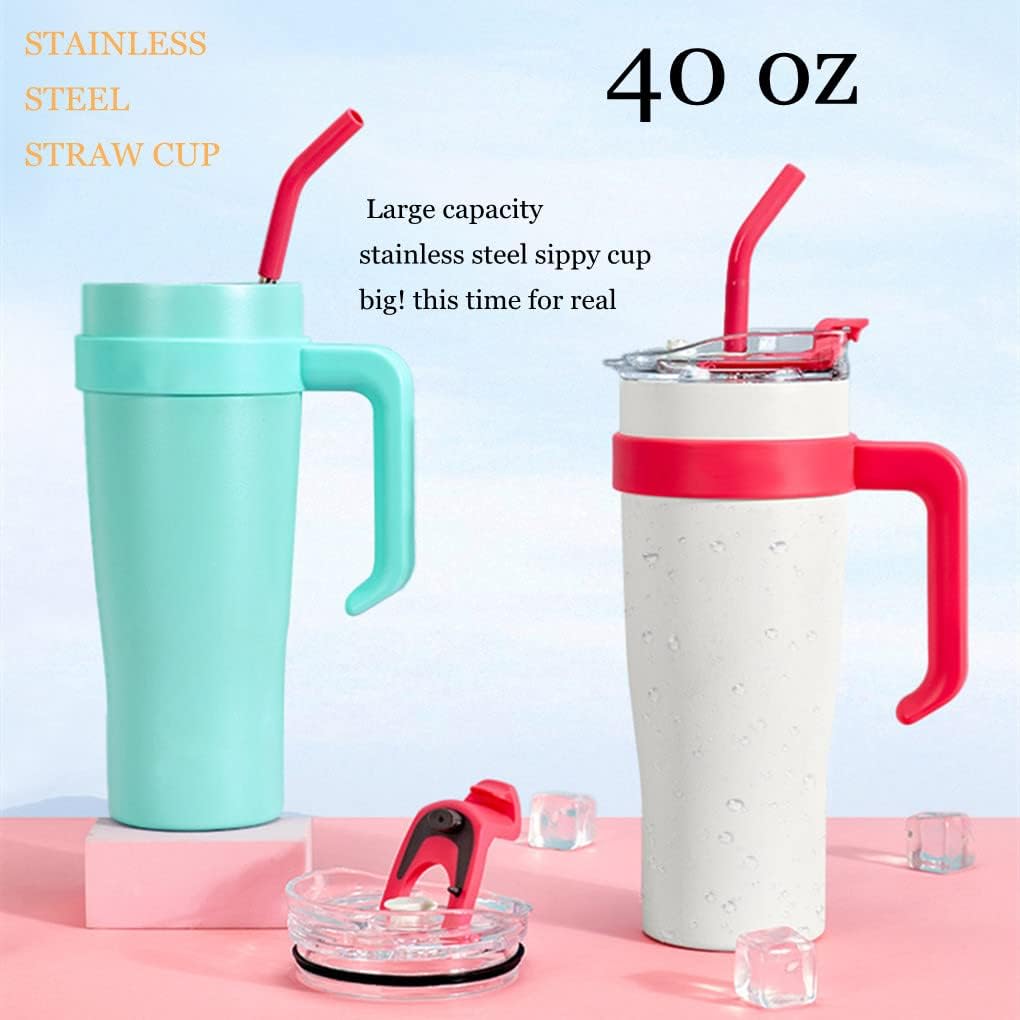 Xmipbs Vaso de 40 onzas con aislamiento al vacío de acero inoxidable con asa y pajilla, mantiene las bebidas calientes o frías, para uso doméstico y