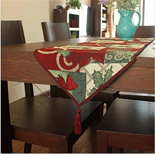 Camino de mesa decorativo de Navidad de 13 x 71 pulgadas, tejido jacquard rojo de flor de pascua verde, hojas verdes, alegría, paz, amor, flor de