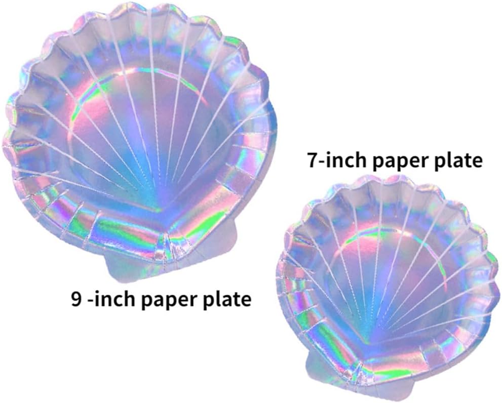 Vasos de papel de conchas marinas, suministros de fiesta de sirena, vajilla desechable con purpurina iridiscente del mundo oceánico para bodas,