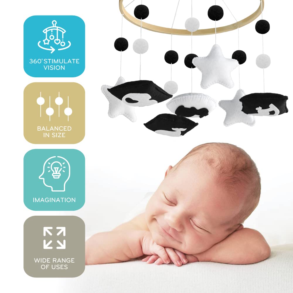 Montessori Mobile Baby para cuna – Móvil en blanco y negro para dar estimulación visual para involucrar a su recién nacido – Cuna móvil para niños y
