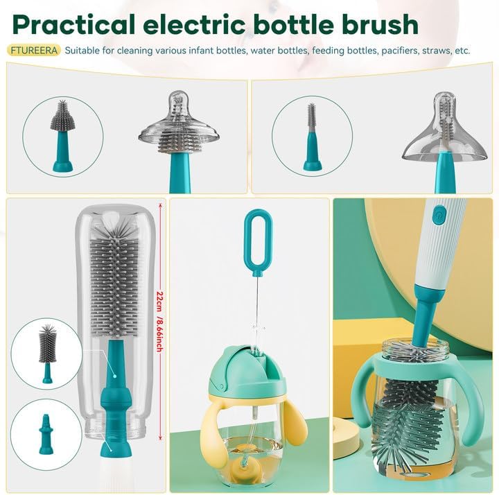 FTUREERA Juego de 6 cepillos eléctricos para botellas, cepillo para biberones, estante de secado de biberones para botellas, impermeable,