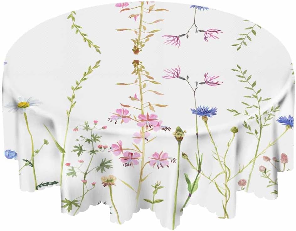 Mantel redondo de hierbas y flores de prado de acuarela, 60 pulgadas, pintado a mano con flores sobre fondo blanco, manteles para mesas redondas,
