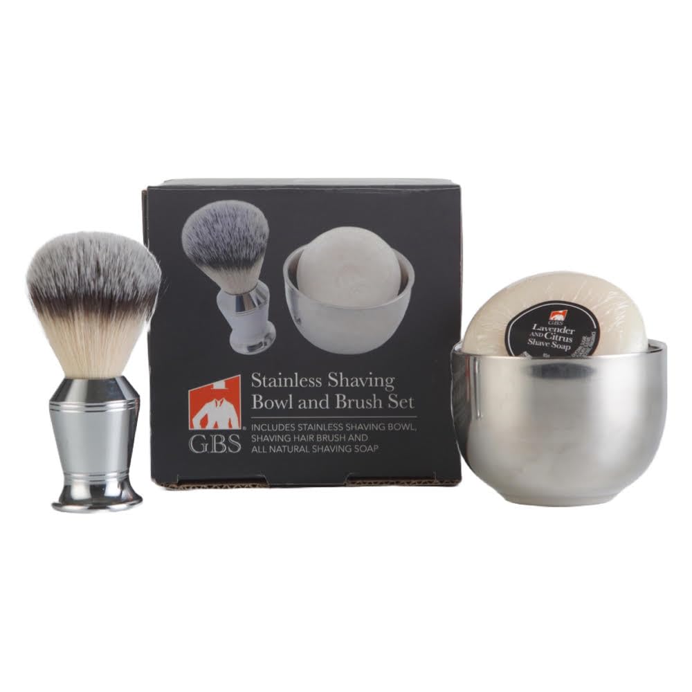 G.B.S Juego de afeitado húmedo para hombre, cepillo de afeitar sintético cromado, cuenco de afeitar inoxidable con jabón de afeitar natural
