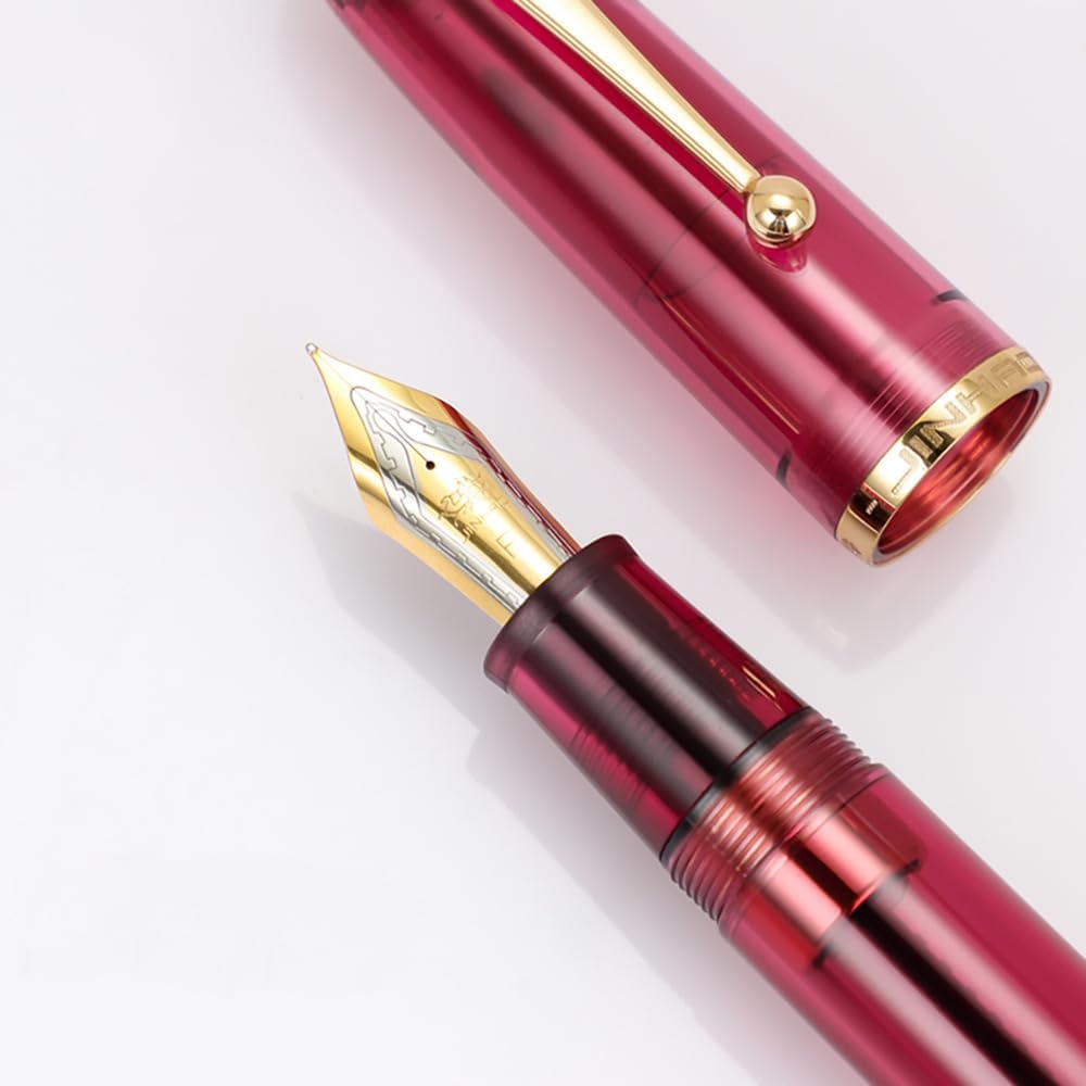 JinHao 9019 – Pluma estilográfica, punta fina de iridio con convertidor, color rojo vino transparente, estilo acrílico, gran capacidad de tinta