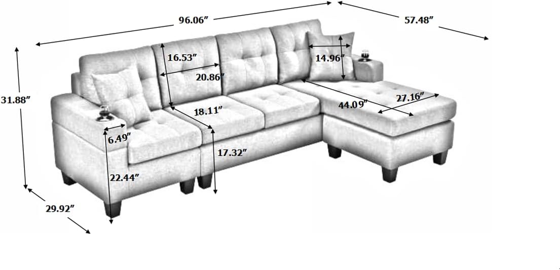 Sofá modular moderno en forma de L, sofá tapizado de tela con diván reversible y 2 portavasos, para sala de estar pequeña, color gris