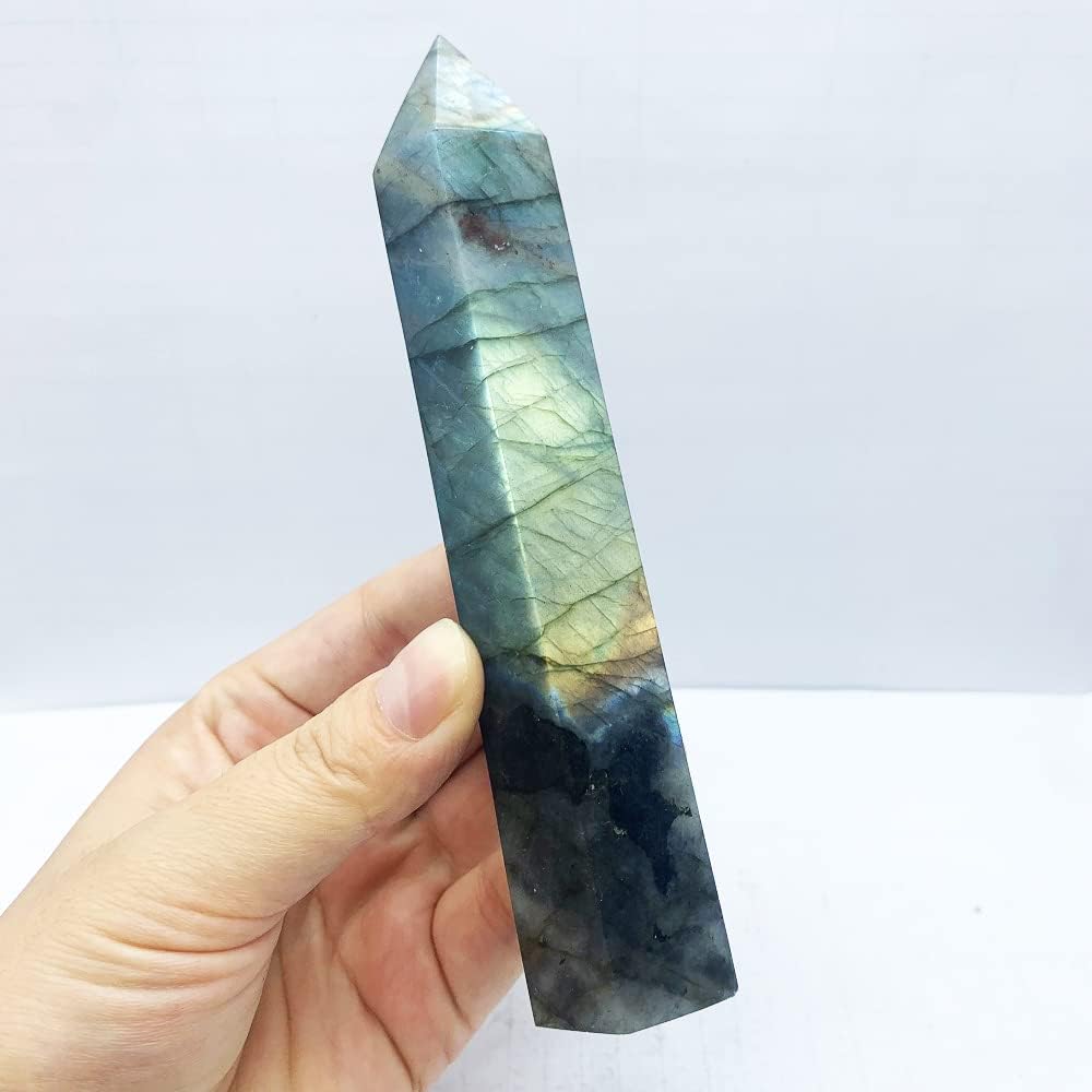 FEIXI Piedra curativa de labradorita de cristal natural, piedra curativa de cuarzo con obelisco, piedra energética (1.5 libras)