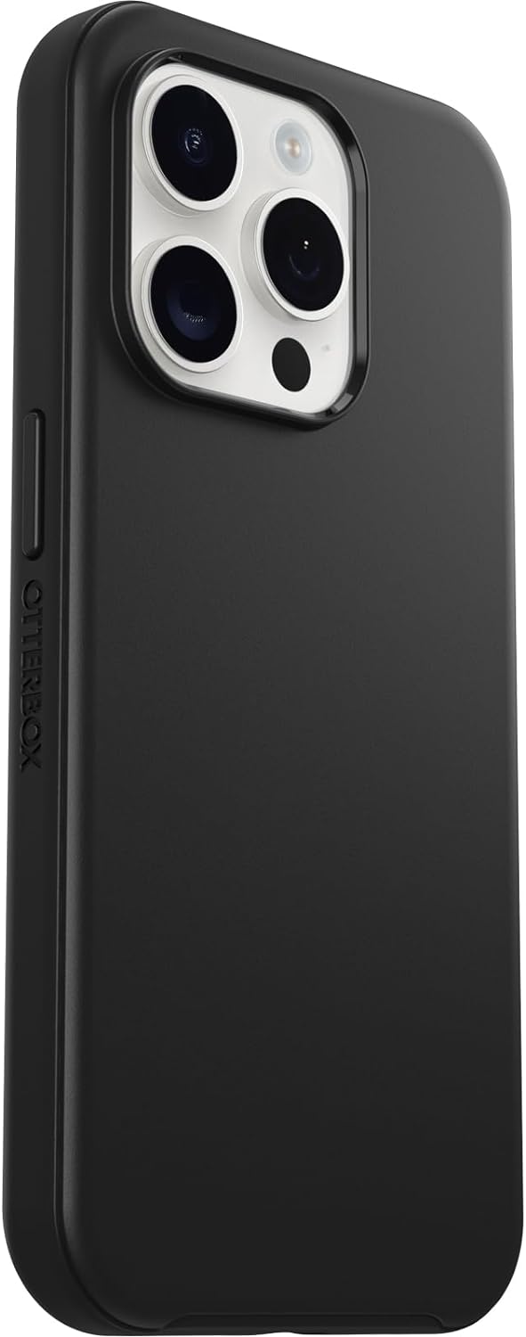 OtterBox Funda para iPhone 15 Pro (solamente) de la serie Symmetry – NEGRO, ultra elegante, compatible con carga inalámbrica, bordes elevados que