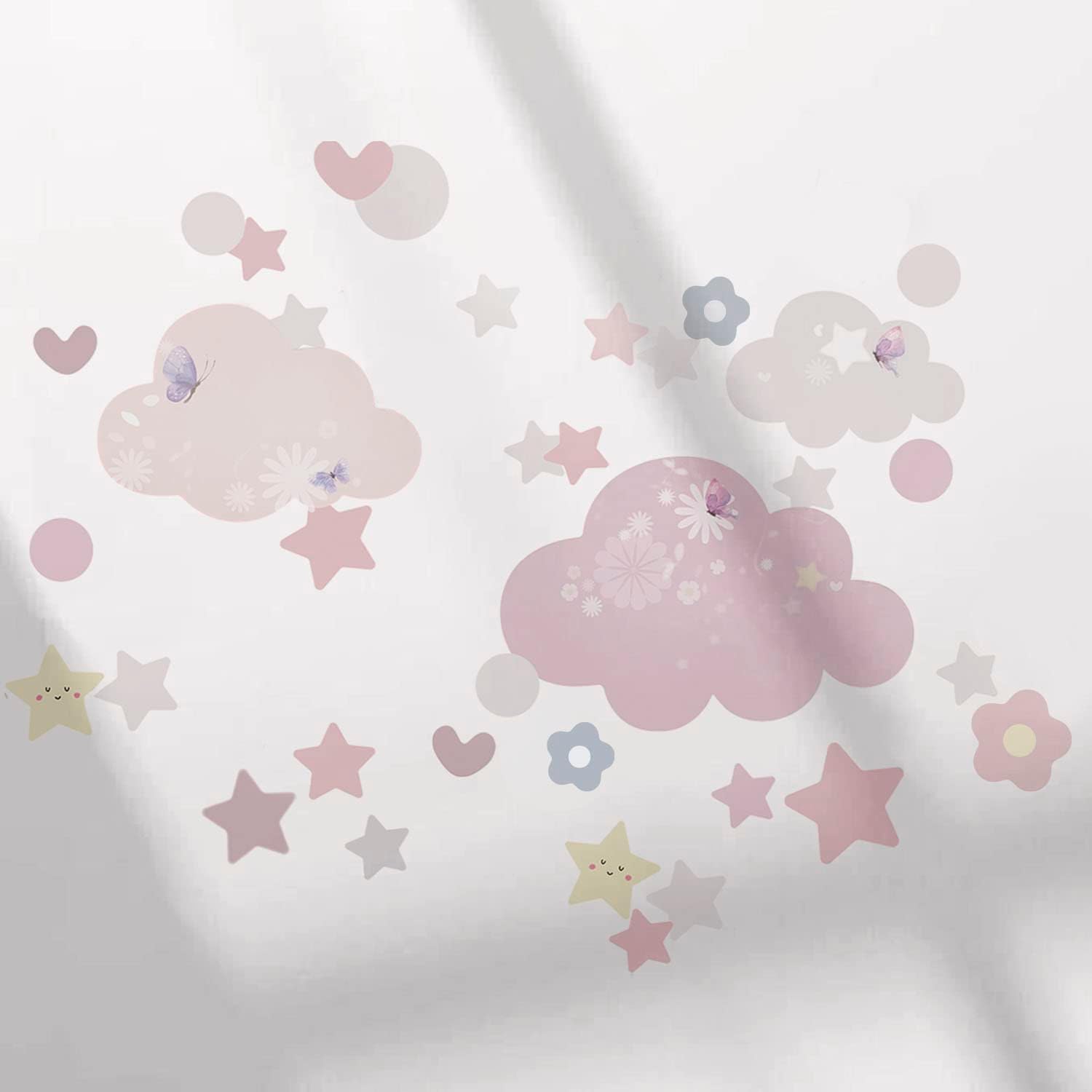 Calcomanía de pared de tela, calcomanías de pared de estrellas bohemias, nubes, acuarela pastel luna flor calcomanía para pared corazón calcomanías