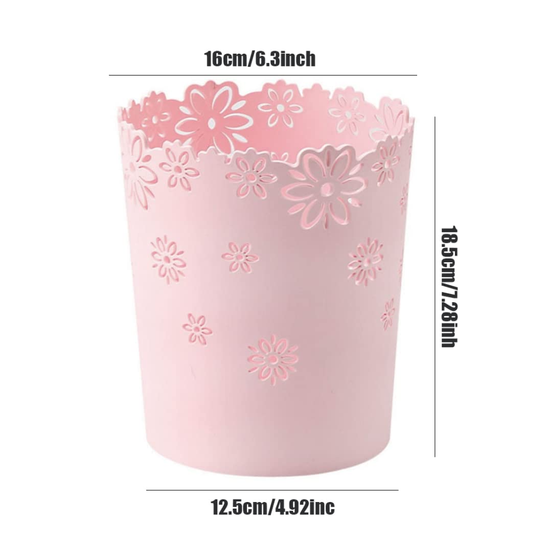 Papelera redonda de color rosa, papelera de basura para dormitorio, cesta de basura de plástico, hueco de plástico, cesta de basura con encaje de