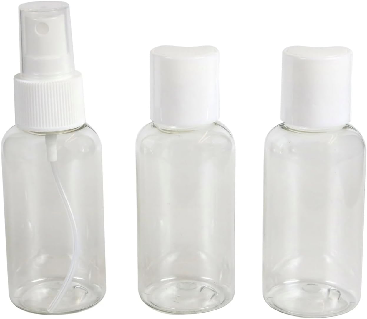 Botellas de viaje de plástico transparente, juego de 3 piezas de 2.7 onzas aprobadas por la TSA (2 botellas abatibles, 1 botella de aerosol)