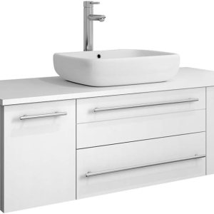 Fresca Lucera – Armario de baño moderno para colgar en la pared blanca de 48 pulgadas con parte superior y fregadero Fresca Lucera – Armario de baño moderno para colgar en la pared blanca de 48 pulgadas con parte superior y fregadero