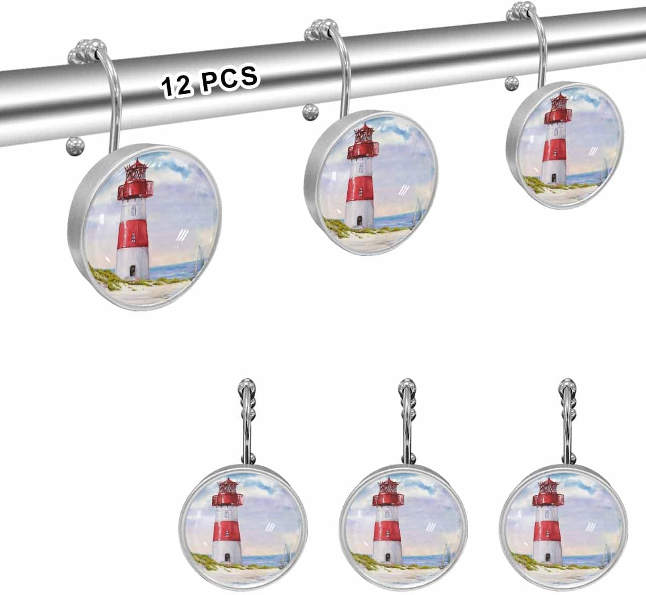 Juego de 12 ganchos para cortina de ducha, diseño retro de cristal de agua rojo y blanco, anillos de cortina de ducha para baño, decorativos de