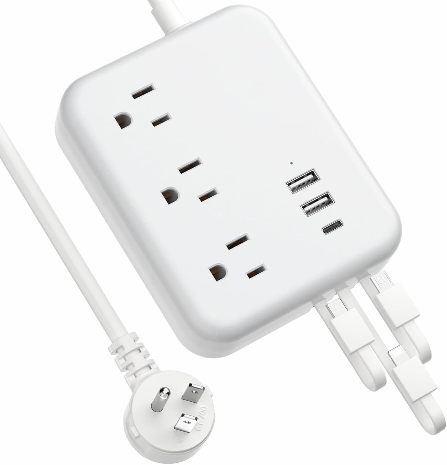 Regleta de alimentación de viaje con puertos USB, 3 cables integrados, cable de extensión de enchufe plano, 3 tomacorrientes, 6 USB con cable de