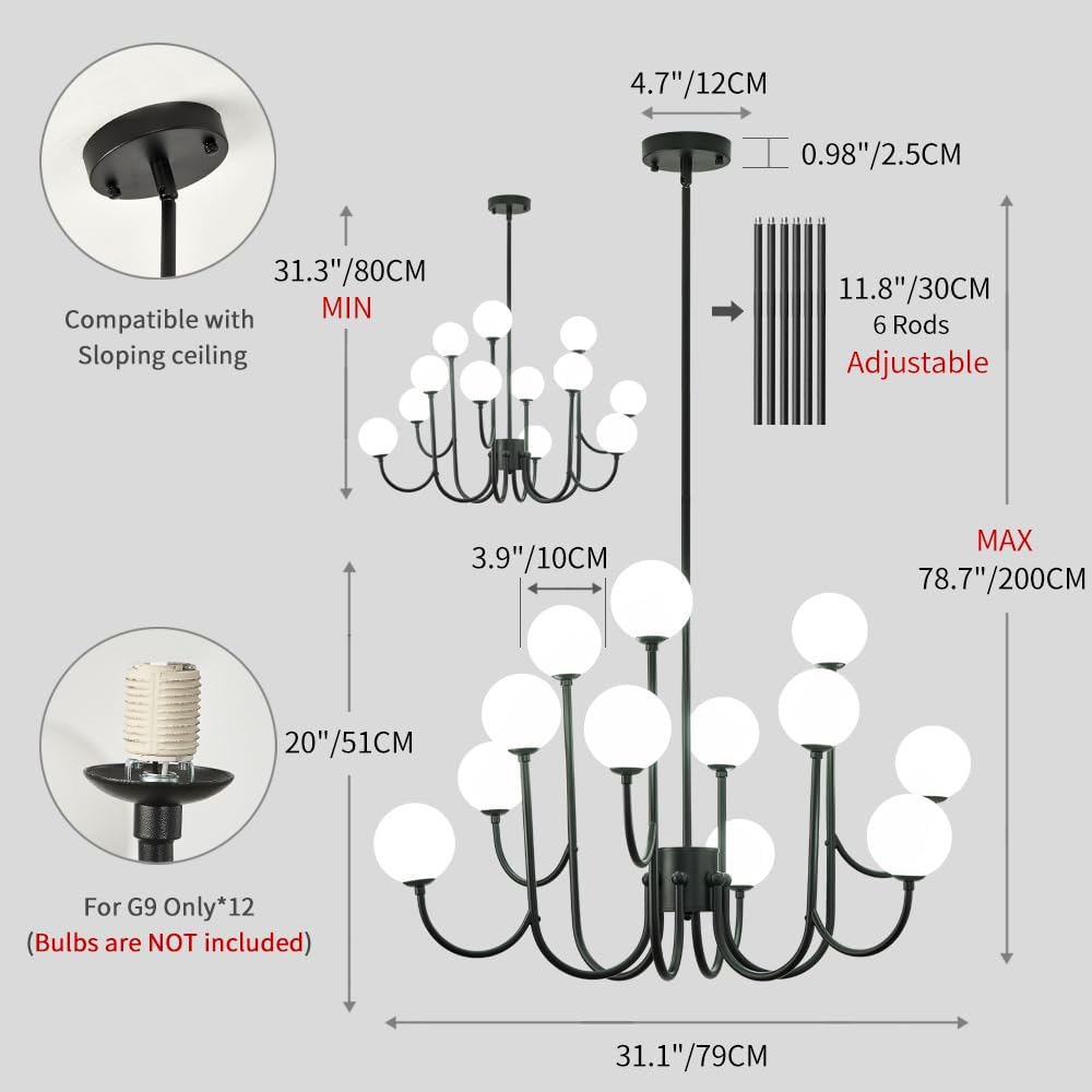 Moderno candelabro negro de mediados de siglo con 12 luces con globo de cristal, lámpara colgante de techo de metal Sputnik grande para sala de