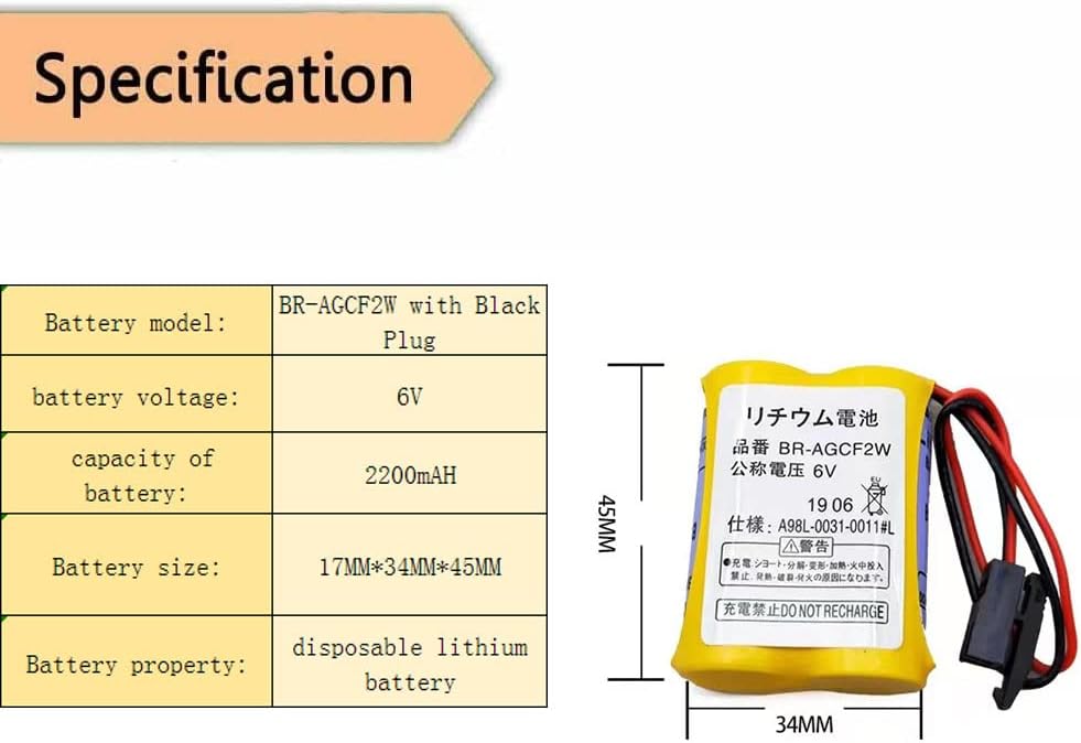 BR-AGCF2W – Batería para FANUC de 6 V, 2200 mAh, A98L-0031-0011 # L con enchufe negro, no recargable