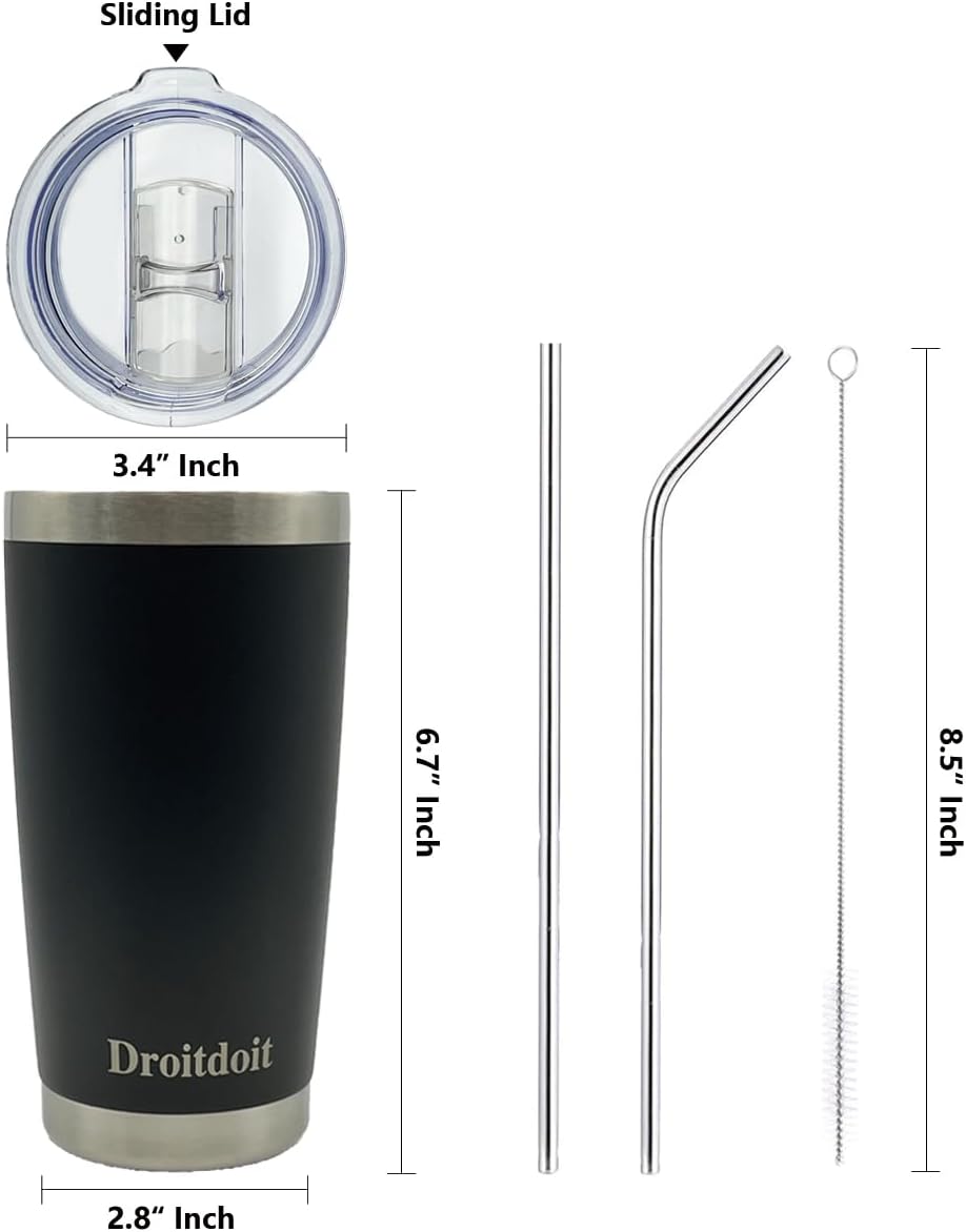 Vaso de acero inoxidable de 20 onzas con aislamiento al vacío, doble pared, botella de viaje con tapa y popote para agua, té helado o café, batido y