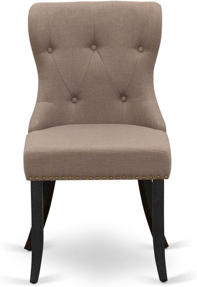 East West Furniture SIP6T48 Sion Parson – Juego de 2 sillas acolchadas de tela de lino café con botones y ribete de clavos, color negro cepillado
