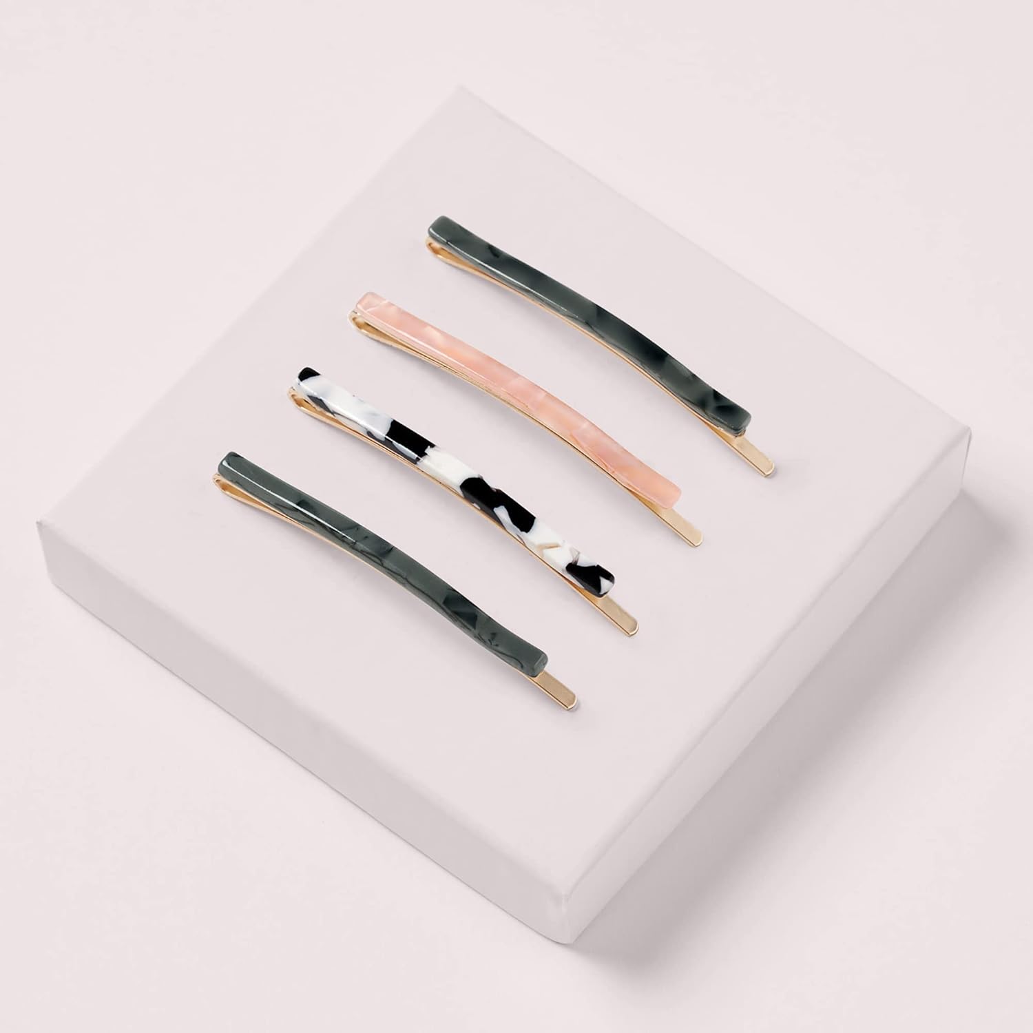 The Hair Edit Pinzas Bobby de mármol de jade, pinzas para el cabello de acetato de tortuga multicolor delgadas, paquete de 4
