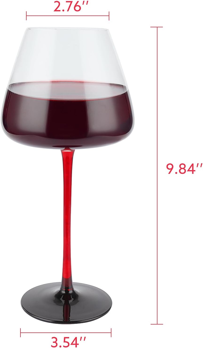 sugarchef Juego de 2 copas de vino tinto grandes modernas de 25 onzas sopladas a mano con tallo rojo base negra para boda, aniversario, día del