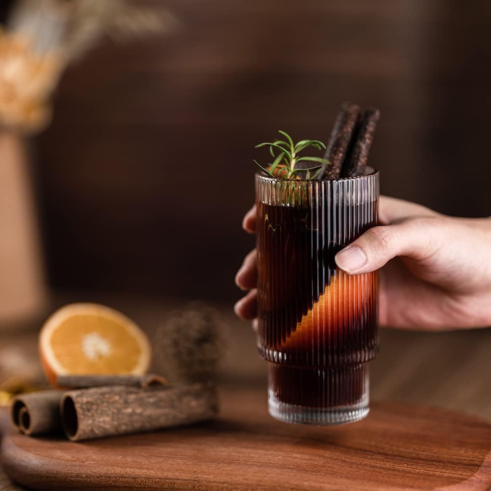 Vasos de vidrio acanalados con pajitas de 12 onzas, juego de 4 vasos de cóctel, cristalería vintage, vasos de whisky, accesorios de barra de café,